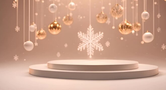 Christmas themed minimal podium background with 3D rendered elements like snowflakes festive lights and a touch of holiday sparkle 4K