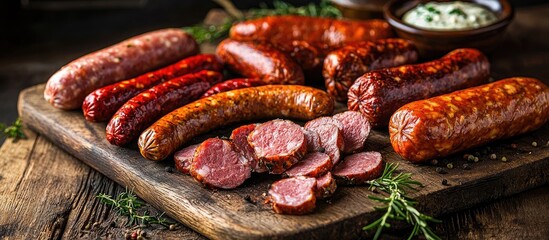 Assorted Several Kinds Of Sausages And Smoked Meats On A Cutting Board