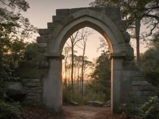 Fototapeta premium Stone Archway Leading Through a Forest at Dusk.