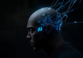 Obraz premium A bald man with glowing blue wires emerging from his head, with the text AI in the top left corner of his hairline. The background is dark and minimalistic. Hyper-realistic photography. 