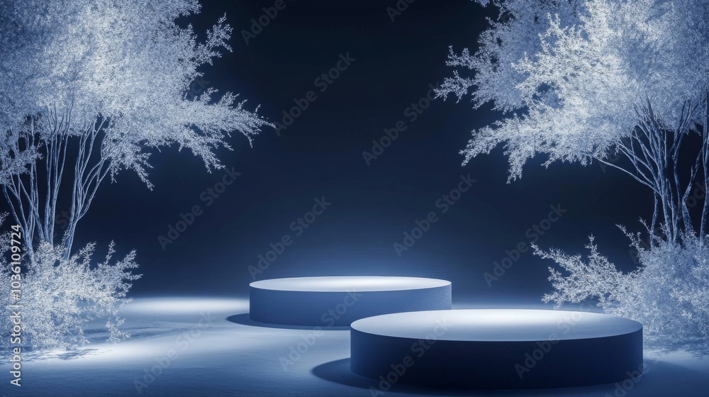Poster this serene space showcases two circular platforms glowing softly under ambient lighting, framed by 