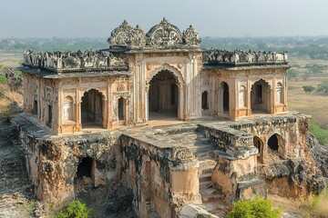 Naklejka premium Ancient stone structure with intricate carvings in India.