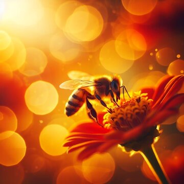 abeille sur fleur orange, gros plan, boqu&eacute; floue sur l'arri&egrave;re, ton chaud et solaire