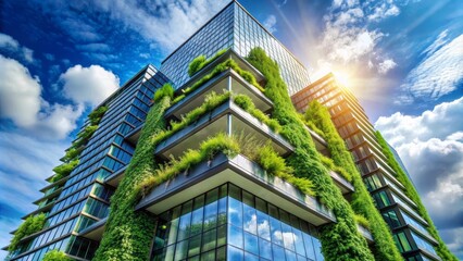 Modern green building covered in plants is being illuminated by the setting sun on a beautiful day