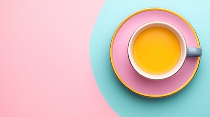 Obraz premium A bright yellow beverage is placed in a white cup on a pink and teal plate, creating a cheerful contrast. The pastel colors enhance the inviting nature of the drink