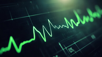 green heartbeat line on EKG machine screen, showing healthy rhythm in dark setting. glowing line creates sense of life and vitality