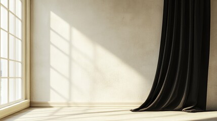 Empty room featuring a plain cream wall and a window covered with a black blackout curtain