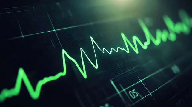 green heartbeat line on EKG machine screen, showing healthy rhythm in dark setting. glowing line creates sense of life and vitality