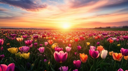 Radiant Sunrise Over Colorful Flower Field Representing Renewal and Fresh Beginnings