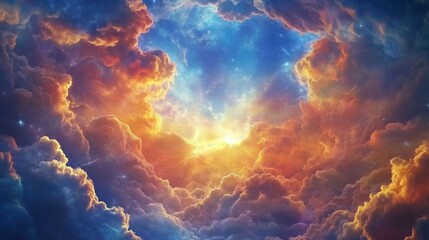 Fototapeta premium Nuvole dai colori vibranti blu e arancioni, che si fondono creando un effetto surreale di vortici e esplosioni di luce.