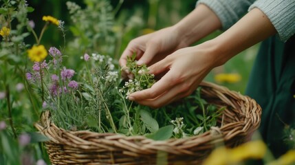 Die Ernte der Natur: Frau sammelt wilde Kräuter und Blumen für Frühlingsinspiration
