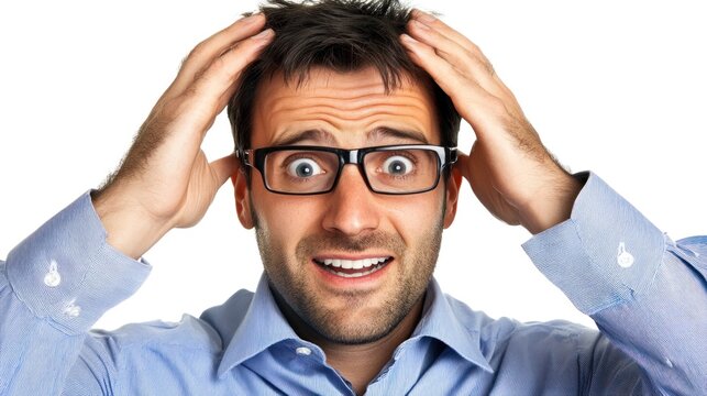 A man with glasses expresses visible frustration by holding his head. He appears overwhelmed and concerned, likely facing a dilemma or stressful situation