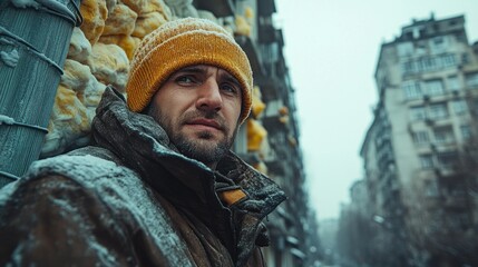 Obraz premium The man, dressed warmly in a winter coat and a yellow beanie, gazes thoughtfully while standing against a backdrop of snow-covered buildings, capturing the essence of urban life in winter