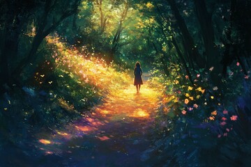 A person walking down a forest path, illuminated by soft, warm light