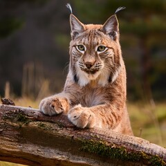 Obraz premium iberian lynx playing with a log in its natural habitat