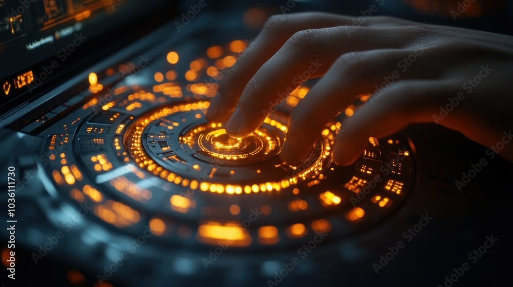 Poster a user delicately engages with a high-tech interface, surrounded by an array of glowing orange light