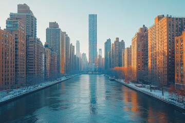 Fototapeta premium A view of a narrow waterway with tall buildings on either side
