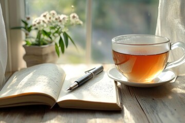 A photorealistic close-up of a neatly opened journal on a wooden table, next to a cup of tea