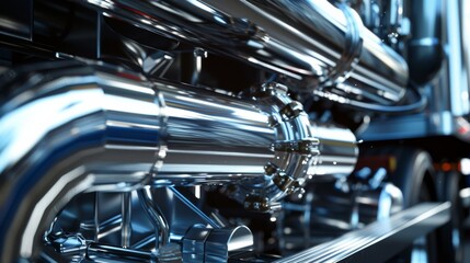 A detailed view of a truck's fuel tank and exhaust system, with metallic textures and reflections, Industrial setting with functional elements