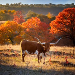 texas longhorn cow grazing in autumn landscape during fall season on farm