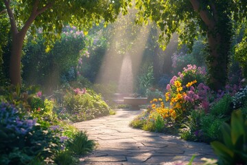 Fototapeta premium A quiet, peaceful stone path winding through a lush garden with tall green trees