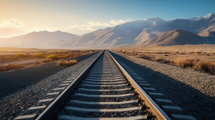 Fototapeta premium Railway track winding towards mountains beneath a clear sky ideal for themes of travel adventure and transportation design
