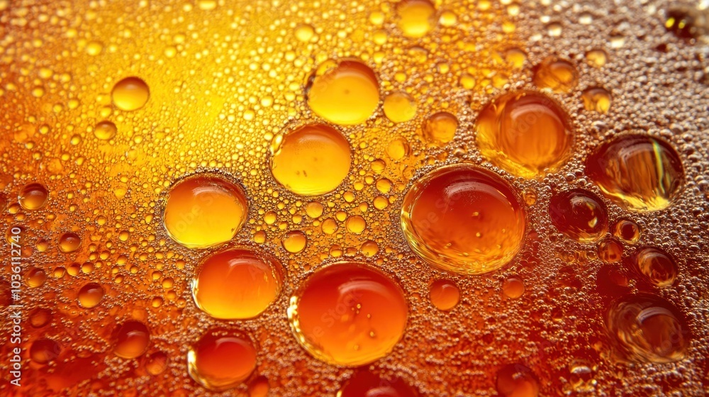 Poster A close-up view showcases a multitude of amber-colored bubbles suspended in a liquid, reflecting light and creating stunning patterns that highlight the liquid's texture and color