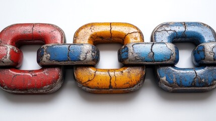 Three linked metal chains painted in red, yellow, and blue display a worn and weathered finish
