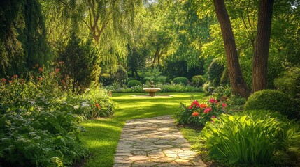 A quiet, peaceful stone path winding through a lush garden with tall green trees