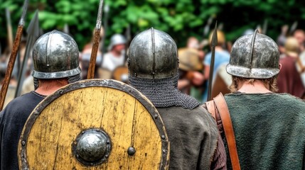 Naklejka premium A group of historical reenactors stands with their backs to the viewer, clad in armor and chainmail, surrounded by greenery while preparing for a battle display at a summer event