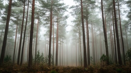 Fototapeta premium Tall pine trees wrapped in thick fog evoke a serene and mysterious ambiance as mist blankets the forest enhancing the feeling of tranquility
