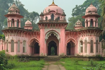 A pink building with multiple arches and domes.
