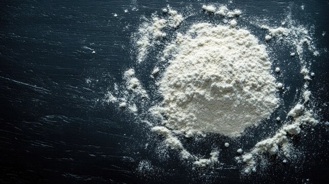 Abstract background featuring a circular sprinkle of wheat flour on a dark surface viewed from above Perfect for themes related to baking dough preparation or culinary arts
