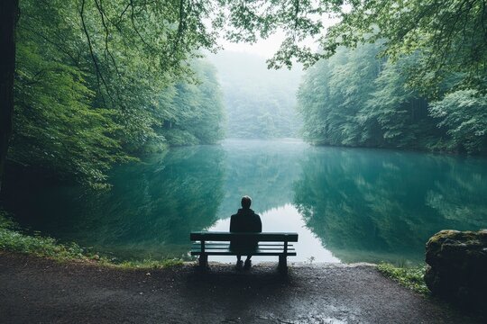 A serene image of a person sitting alone on a bench at the edge of a quiet lake, surrounded by dense forest