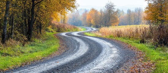 Fototapeta premium Beautiful Curvy Countryside Gravel Road With Autumn Trees On Sides Photo Taken On A Lovely Autumn Day In Countryside