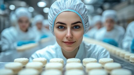 A focused worker in a food processing facility prepares pastry items. The bright environment features other staff members working diligently in the background