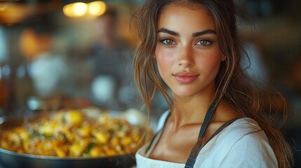 Fototapeta premium A young woman wearing an apron stands in a lively restaurant kitchen, smiling as she holds a large pan filled with colorful paella, showcasing her culinary skill and enthusiasm