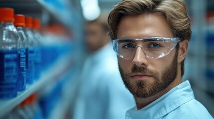 Obraz premium A young laboratory technician with a short beard and protective eyewear observes various blue liquid samples stored on shelves in a high-tech research facility
