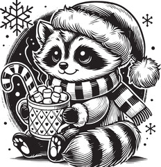 Raccoon, Funny Raccoon, A cute raccoon holding a cup full of Christmas candy, Christmas Raccoon © Yksel