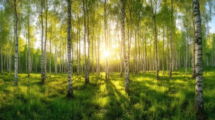 Obraz premium Lush green birch trees in vibrant sunlight A summer forest landscape with a sunset backdrop creating a wide panoramic view of nature