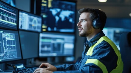 A technician wearing a safety jacket focuses intently on various monitors displaying critical data, indications of activity, and world maps late at night in a high-tech control room