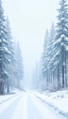 Foggy winter road winding through snow-covered evergreens