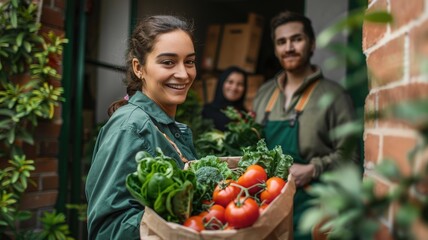 Farmers market delivery with smiling vendor holding fresh vegetables in urban setting