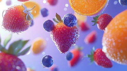   A cluster of oranges, strawberries, and blueberries suspended in mid-air with water droplets adorning them