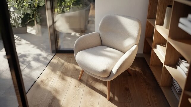 Fr&uuml;hlingsinspiriertes modernes Wohnzimmer mit sonnendurchflutetem Sessel f&uuml;r Innenarchitekturkonzepte