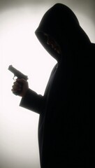 Hooded figure with gun in dark silhouette