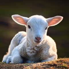 Fototapeta premium little lamb looking friendly white lambkin laying down relaxed and cheerful