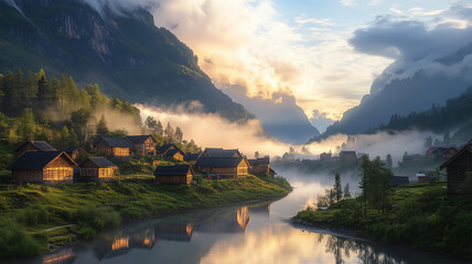 Fototapeta premium 朝霧に包まれた山間の村