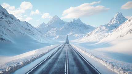 long highway stretches through snowy mountain landscape under clear blue sky, evoking sense of adventure and tranquility