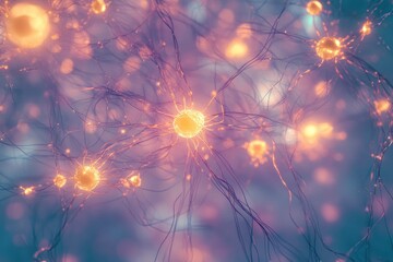 Obraz premium Abstract image of neural networks, with glowing connections in Purple tones and soft golden highlights
